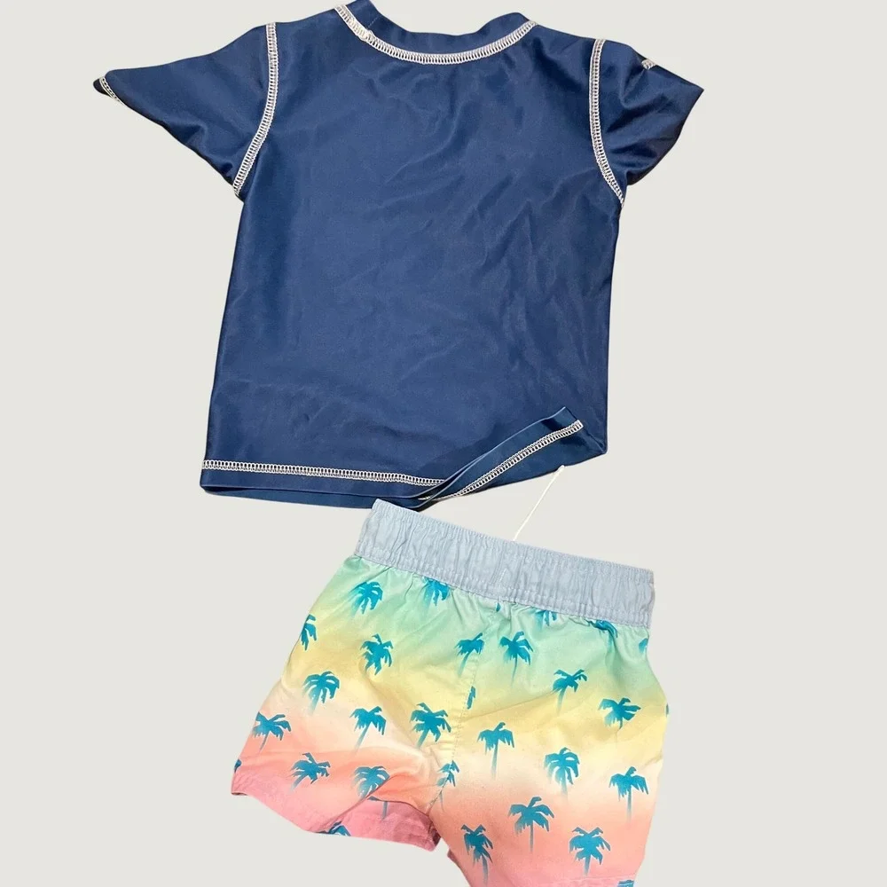 Cocomelon Rash Guard & Cat Jack Palm Tree Swim Trunks Set 18M Navy Multi